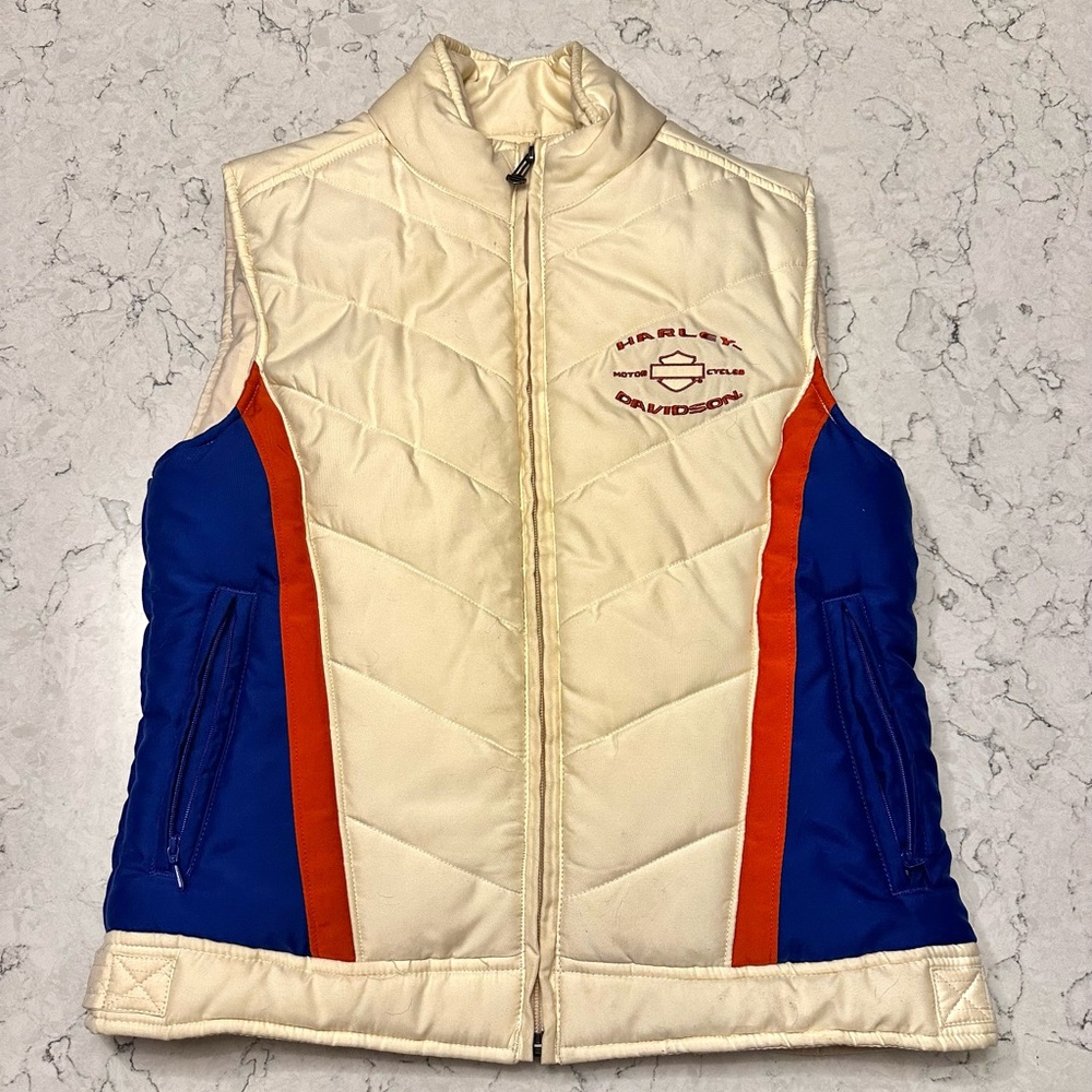 Harley Davidson Puffer Vest Womens Small Cream Blue Orange Lined Retro Look Logo